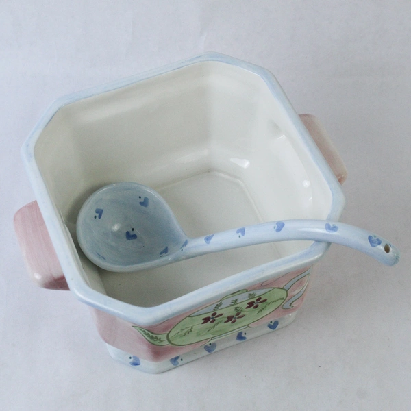 At Home International Trish Richman Pink Green Teapot Serving Bowl Lid Ladle