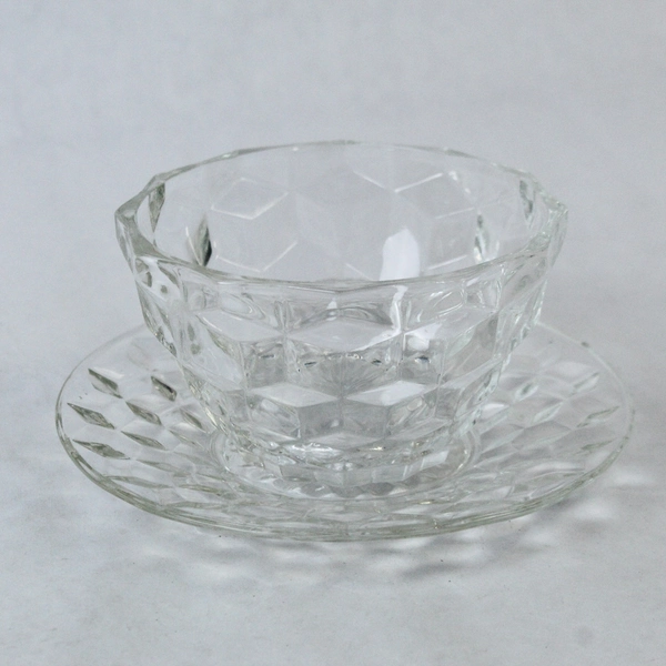 Vintage Fostoria American Cube Clear Glass Bowl & Saucer Set with Chips