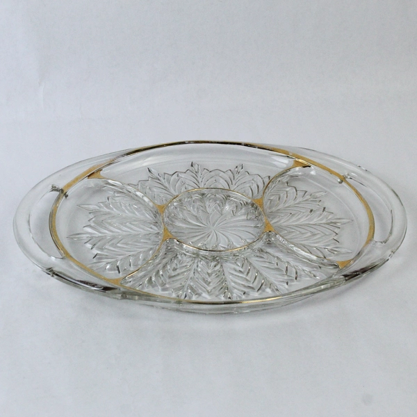 Vintage Jeannette Glass Feather Relish Tray 15.5" Gold Trim Handles Pre-Owned