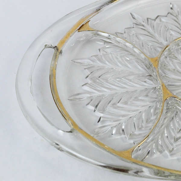 Vintage Jeannette Glass Feather Relish Tray 15.5" Gold Trim Handles Pre-Owned