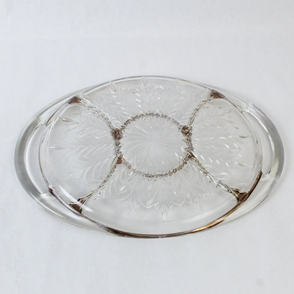 Vintage Jeannette Glass Feather Relish Tray 15.5" Gold Trim Handles Pre-Owned