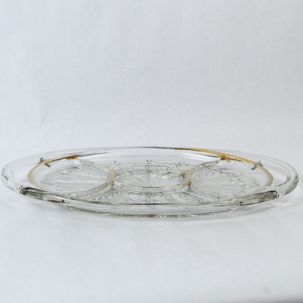 Vintage Jeannette Glass Feather Relish Tray 15.5" Gold Trim Handles Pre-Owned