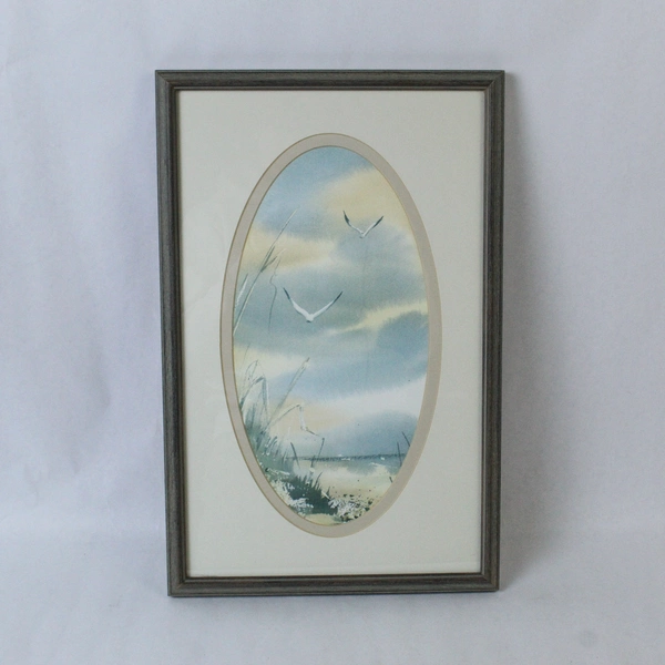 Framed Ocean Coastal Scene Art Print with Seagulls 17"x11" Home Decor