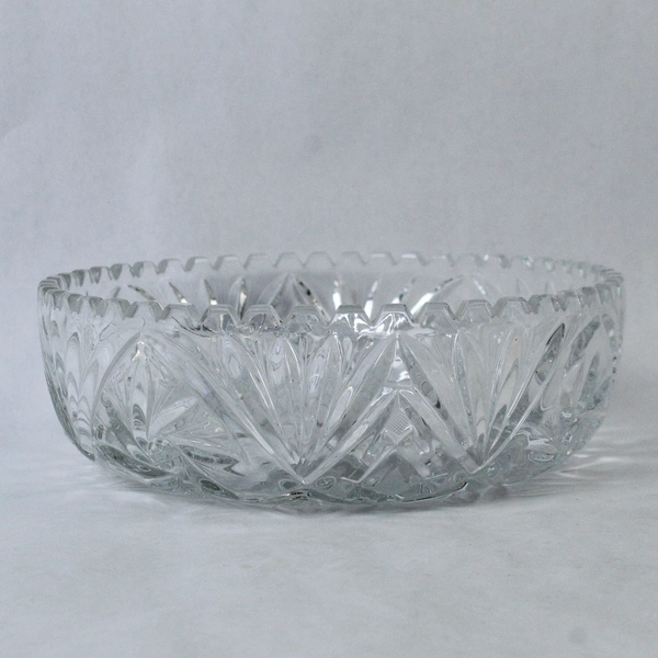Vintage Cut Glass Serving Bowl 9" Saw Tooth Rim Heavy Elegant Decor Bowl