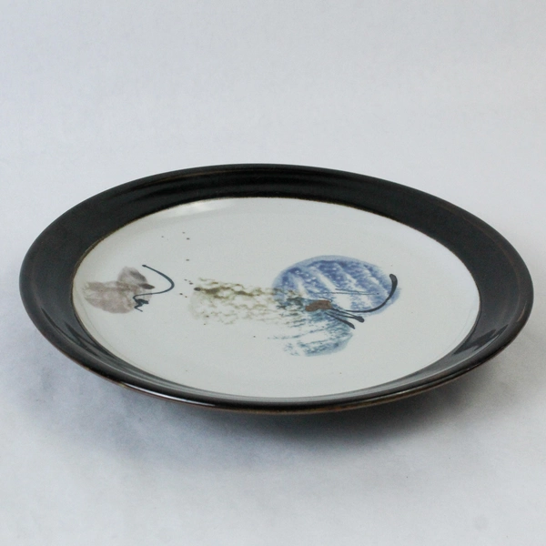 Handmade Art Pottery Plate 11.25" Brown Black Rim White Center Art Deco