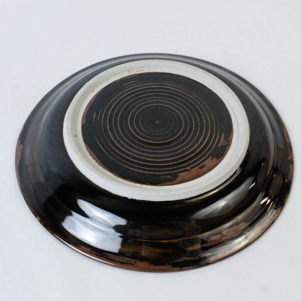 Handmade Art Pottery Plate 11.25" Brown Black Rim White Center Art Deco