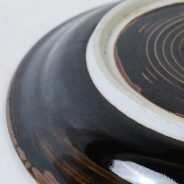 Handmade Art Pottery Plate 11.25" Brown Black Rim White Center Art Deco