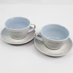 Lot of 2 Create By Just Mugs Blue Aroma Ceramic Cups & Saucers Set