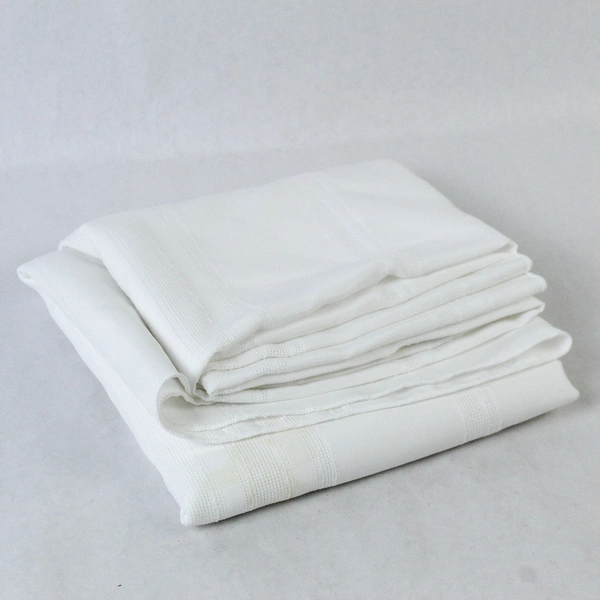 White Round Tablecloth 68" Textured Stripe Polyester Blend Pre-Owned Stained