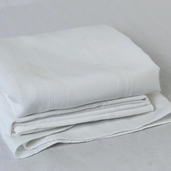 White Round Tablecloth 68" Textured Stripe Polyester Blend Pre-Owned Stained