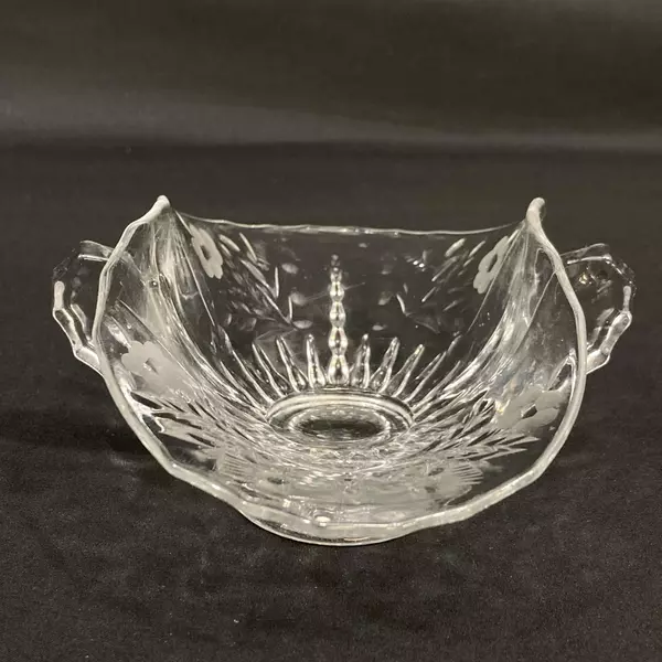 Vintage Crimped Footed Glass Bon Bon Dish with Handles Etched Flowers Clear