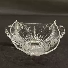 Vintage Crimped Footed Glass Bon Bon Dish with Handles Etched Flowers Clear