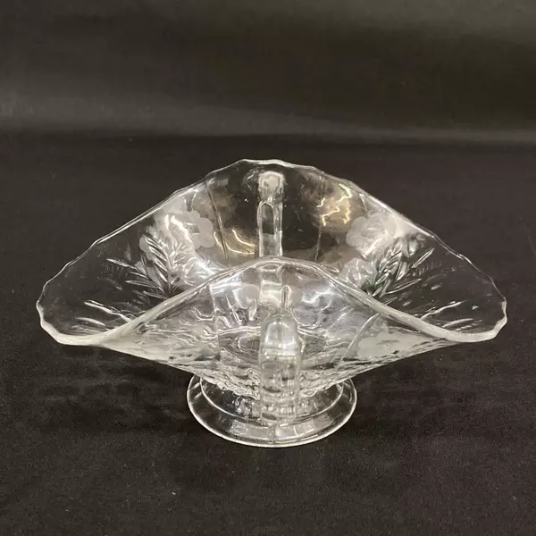 Vintage Crimped Footed Glass Bon Bon Dish with Handles Etched Flowers Clear