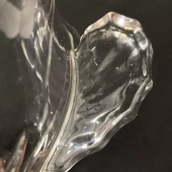 Vintage Crimped Footed Glass Bon Bon Dish with Handles Etched Flowers Clear