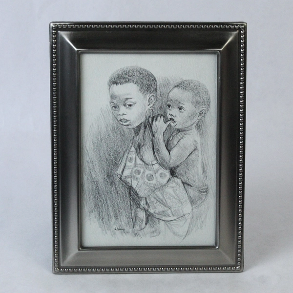 Framed Signed Hand Drawn Girl Carrying Infant Art Print Silver Tone Frame 5x7