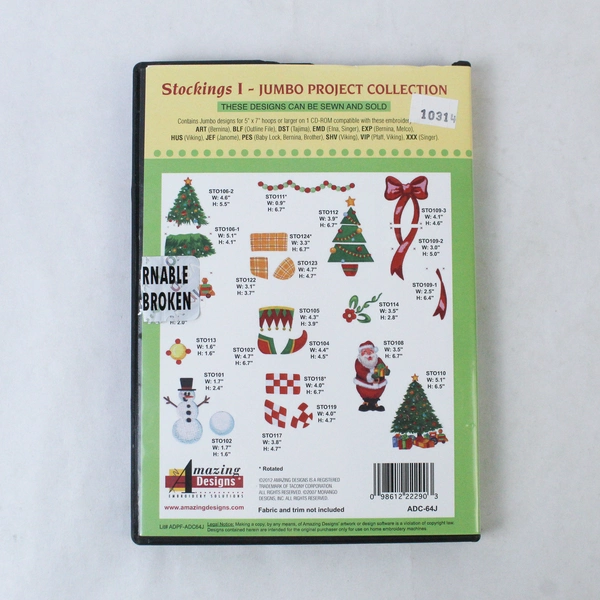 Amazing Designs Stockings 1 Jumbo Embroidery CD Rom 2012 ADC-64J