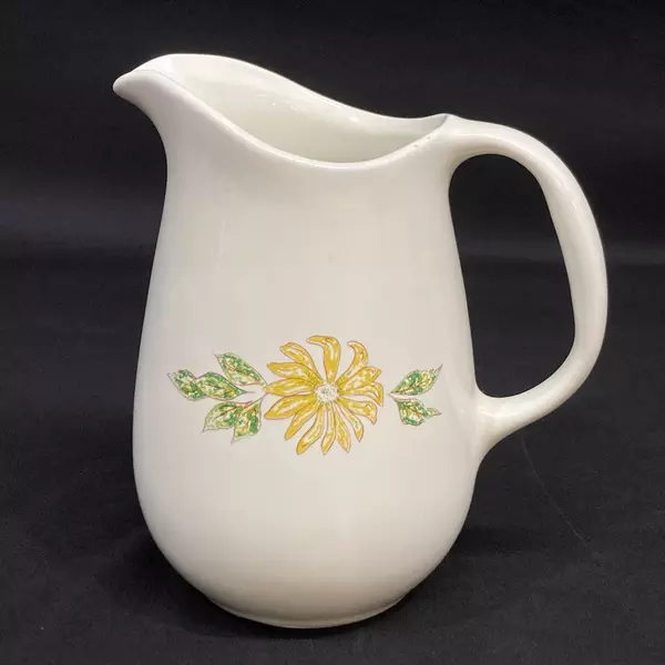 Vintage White Stoneware Pitcher Sunflower Design 7" Tall Ceramic Jug