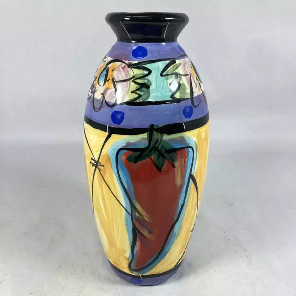 Tosco Hand Painted 12" Blue Lavender Floral Chili Pepper Art Pottery Vase