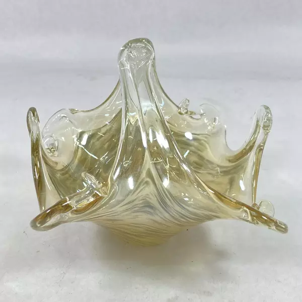 Square Hand Blown Art Glass Basket Bowl Beige Gray Swirl 6.5" Wide Decor