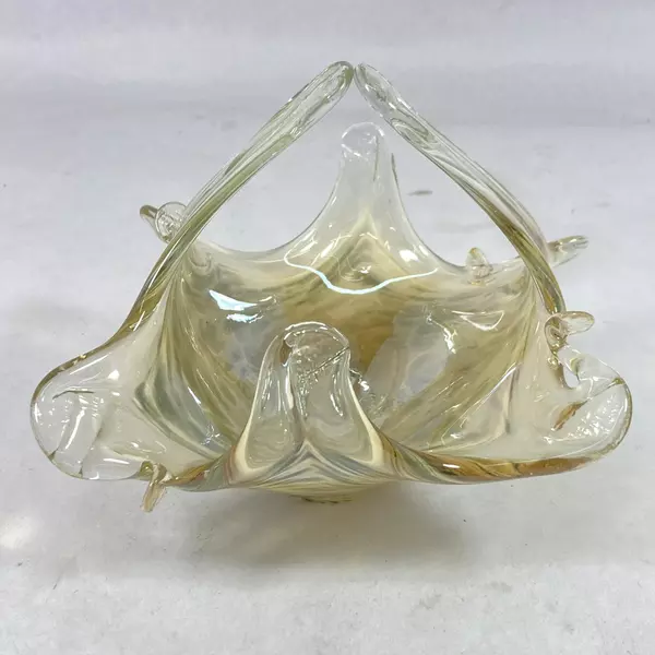 Square Hand Blown Art Glass Basket Bowl Beige Gray Swirl 6.5" Wide Decor