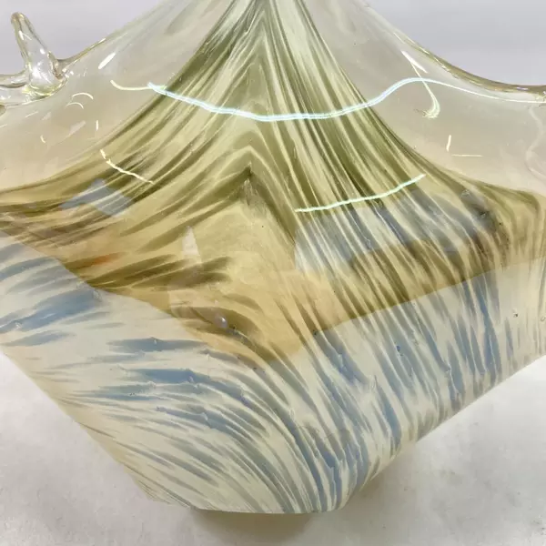 Square Hand Blown Art Glass Basket Bowl Beige Gray Swirl 6.5" Wide Decor