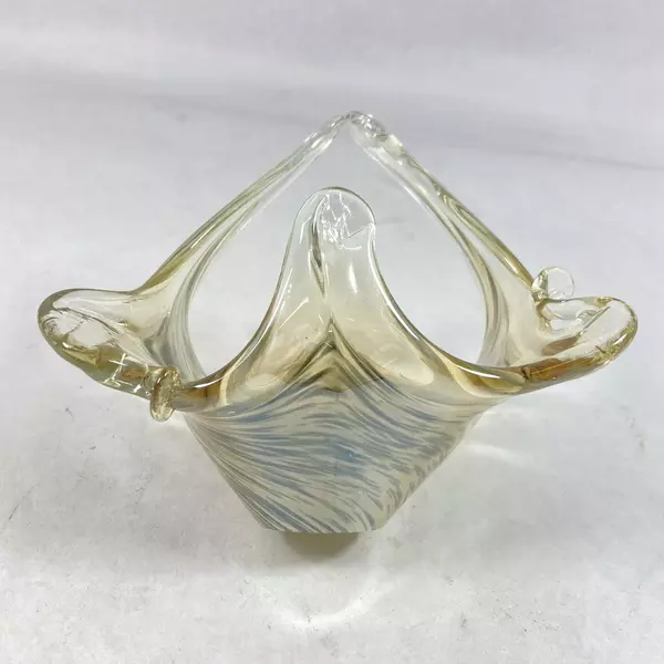 Square Hand Blown Art Glass Basket Bowl Beige Gray Swirl 6.5" Wide Decor
