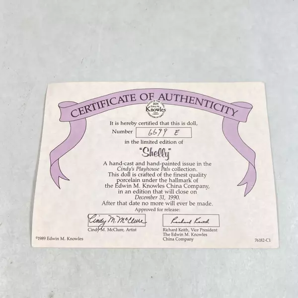 Edwin Knowles Cindy's Playhouse Pals Shelly Porcelain Doll Blonde 14" with COA