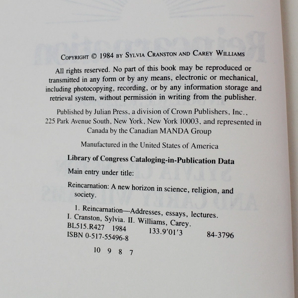 Reincarnation by Carey Williams & Sylvia Cranston 1984 HC - Pre-Owned