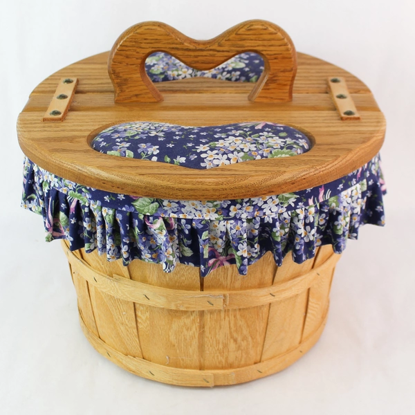 Oak Street Woodcrafts Blue Floral Picnic Basket with Hinged Oak Lid 14"