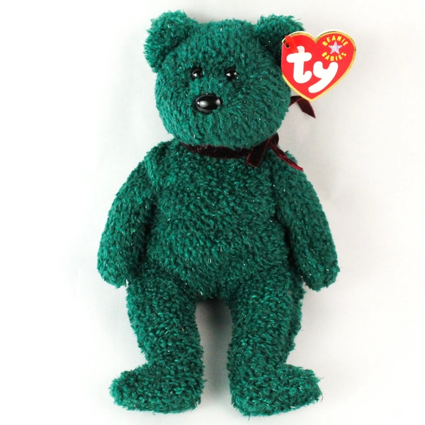 TY Beanie Baby Holiday Teddy 2001 Retired Green Plush Silver Tag PE Pellets