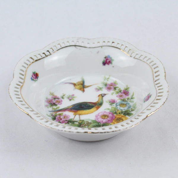 Vintage Schumann Arzberg 5" Lattice Edge Bowl Pheasant Floral Gold Trim