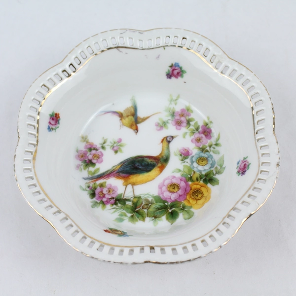 Vintage Schumann Arzberg 5" Lattice Edge Bowl Pheasant Floral Gold Trim
