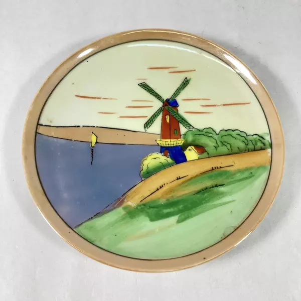 Vintage Seiji Co Japan Hand Painted Lustreware Plate Windmill 6" Gold Edge