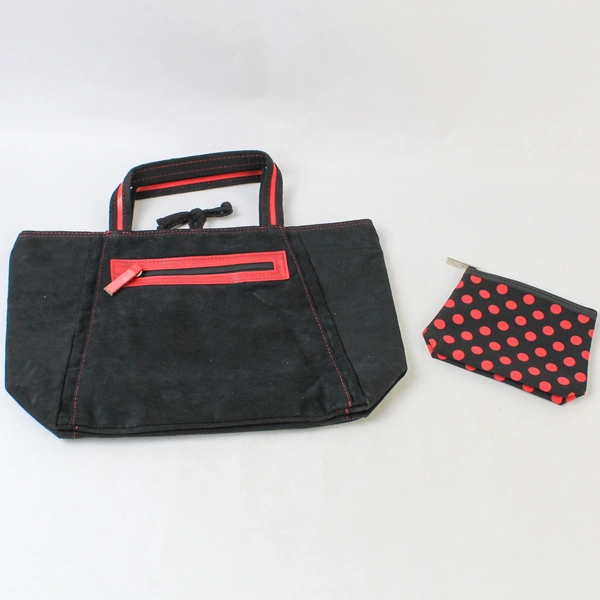 Lancome Black Red Velvet Polka Dot Fabric Lining Makeup Purse Bag