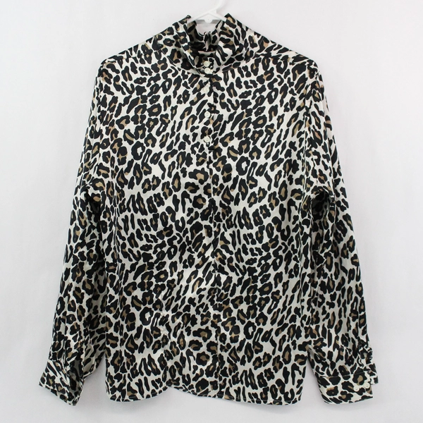 Vintage Liz Baker Size 14 Silky Cheetah Print Long Sleeve Blouse Top, Pre-owned