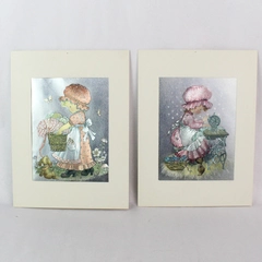 Set of 2 Vintage Dufex Foil Art Prints Girl Sewing & Laundry 9x12 in