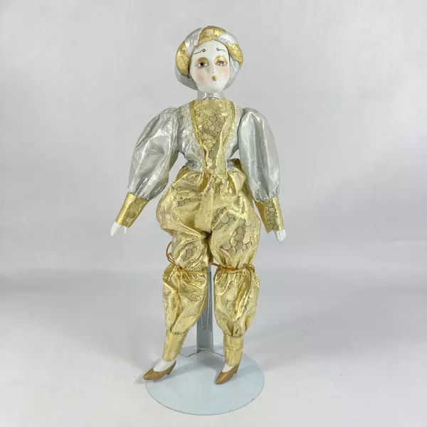 Vintage 16" Hand Painted Porcelain Harlequin Doll Gold Silver Outfit Stand