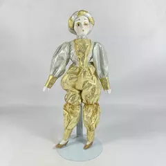 Vintage 16" Hand Painted Porcelain Harlequin Doll Gold Silver Outfit Stand