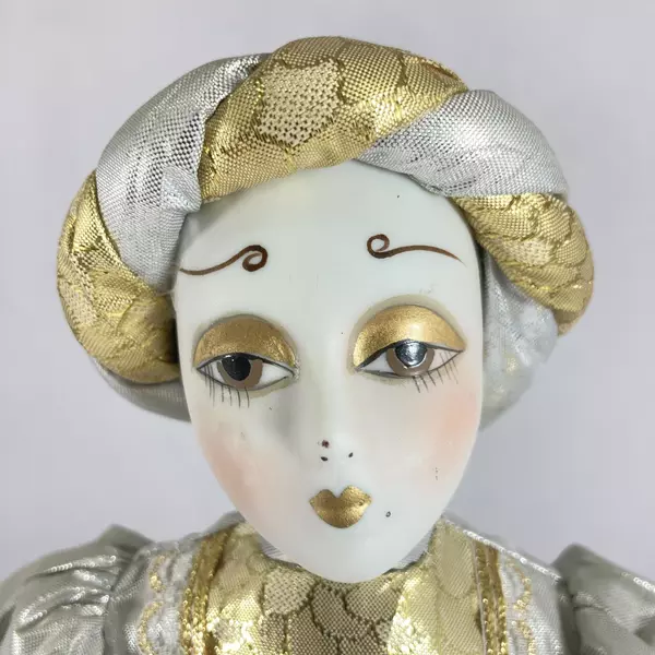 Vintage 16" Hand Painted Porcelain Harlequin Doll Gold Silver Outfit Stand