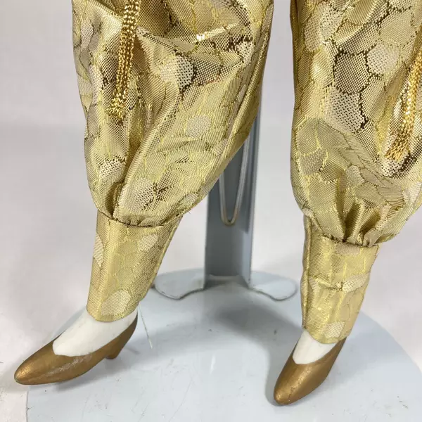 Vintage 16" Hand Painted Porcelain Harlequin Doll Gold Silver Outfit Stand