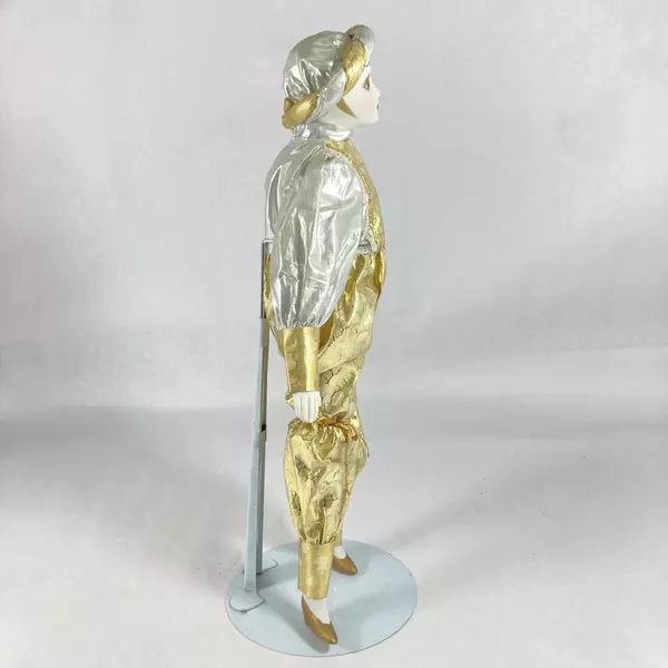 Vintage 16" Hand Painted Porcelain Harlequin Doll Gold Silver Outfit Stand