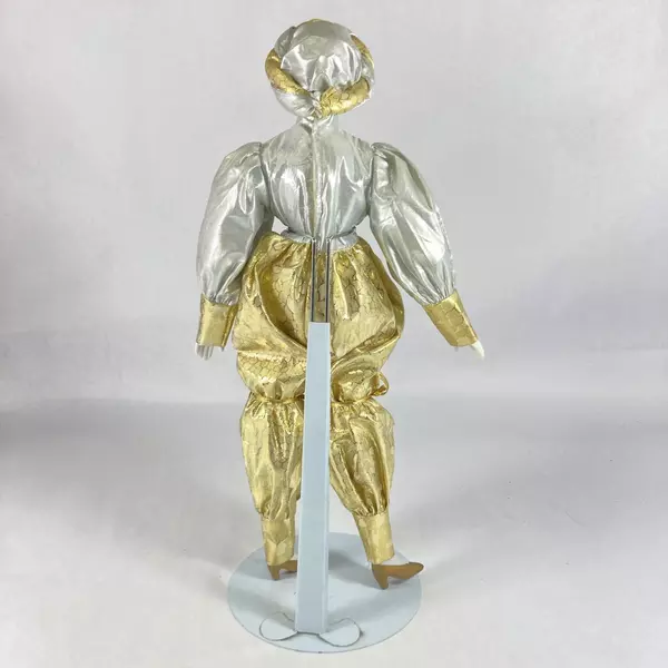 Vintage 16" Hand Painted Porcelain Harlequin Doll Gold Silver Outfit Stand