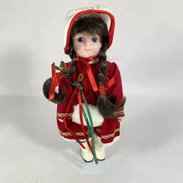 Vintage Meier & Frank 10" Porcelain Doll with Stand & Original Box Brown Hair