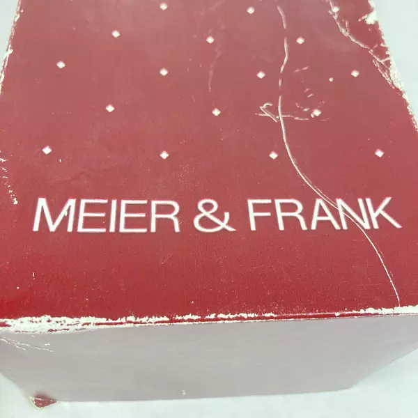 Vintage Meier & Frank 10" Porcelain Doll with Stand & Original Box Brown Hair