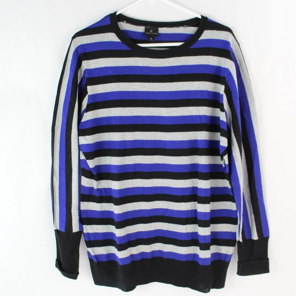 Worthington Women's XL Black Blue Gray Striped Long Sleeve Sweater