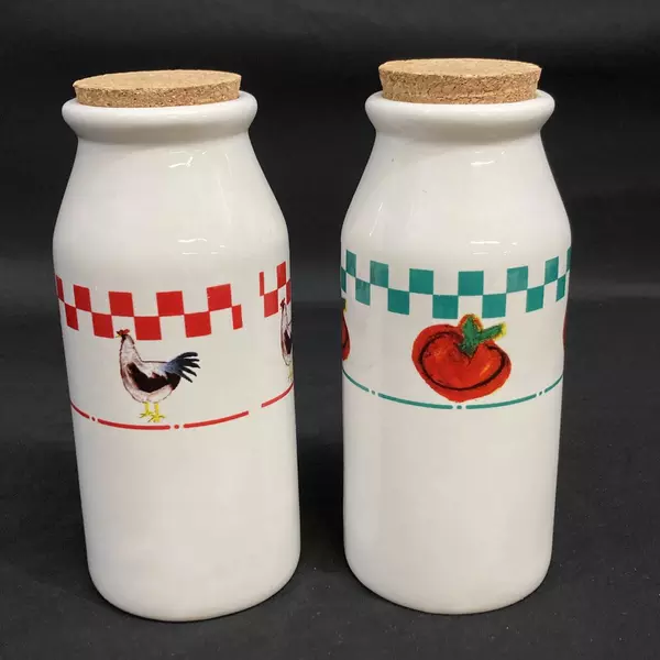 Lot of 2 ABC Distributing Ceramic Kitchen Jars Rooster & Tomato Cork Stoppers