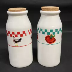 Lot of 2 ABC Distributing Ceramic Kitchen Jars Rooster & Tomato Cork Stoppers