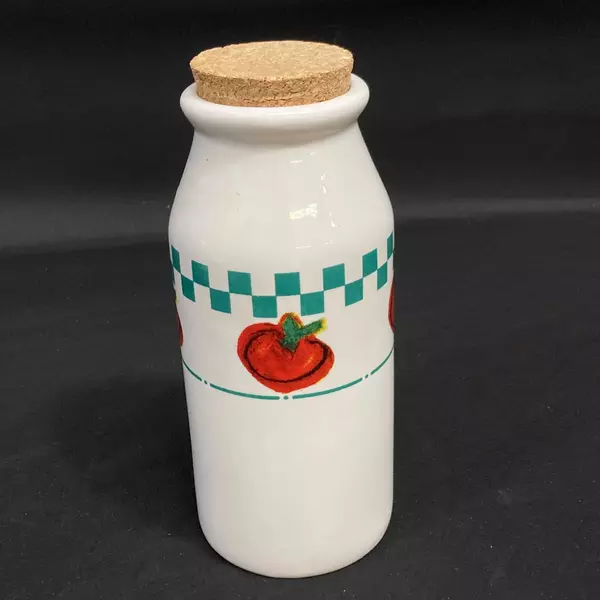 Lot of 2 ABC Distributing Ceramic Kitchen Jars Rooster & Tomato Cork Stoppers