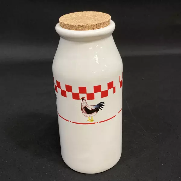 Lot of 2 ABC Distributing Ceramic Kitchen Jars Rooster & Tomato Cork Stoppers