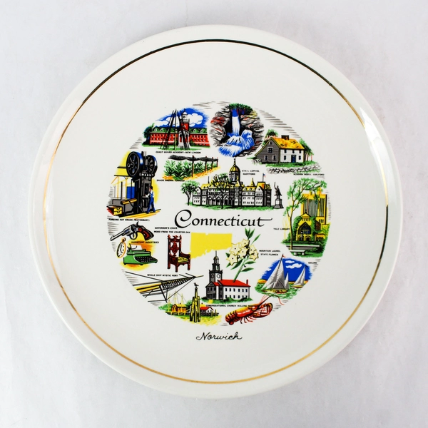 Vintage Conrad Crafting White Gold Trim Norwich Connecticut Map Souvenir Plate 
